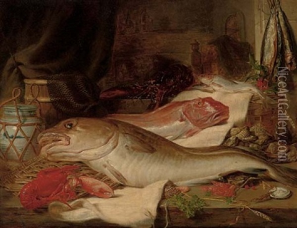 Still Life With Fish, Lobsters And Oysters, On A Ledge Oil Painting - George Lance