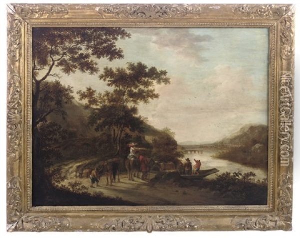 A River Landscape With Travellers On A Country Track, A Bridge Beyond Oil Painting - Frederick De Moucheron