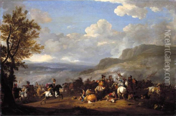 A Cavalry Skirmish In An Extensive Landscape Oil Painting - Jan von Huchtenburgh
