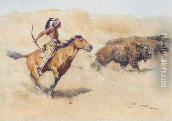 Red Indian Hunting Buffalo Oil Painting - Arthur Wardle