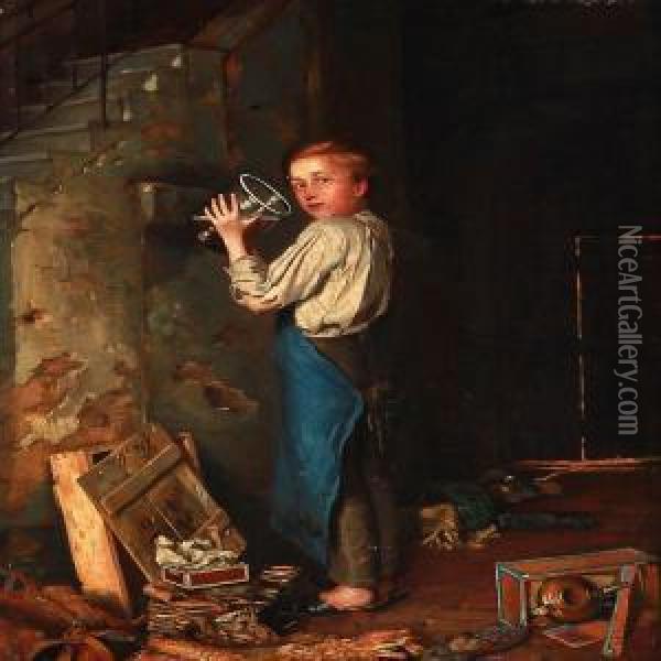 A Boy Drinking While Hiding Behind Back Stairs Oil Painting - Martin Ludwig Wilberg