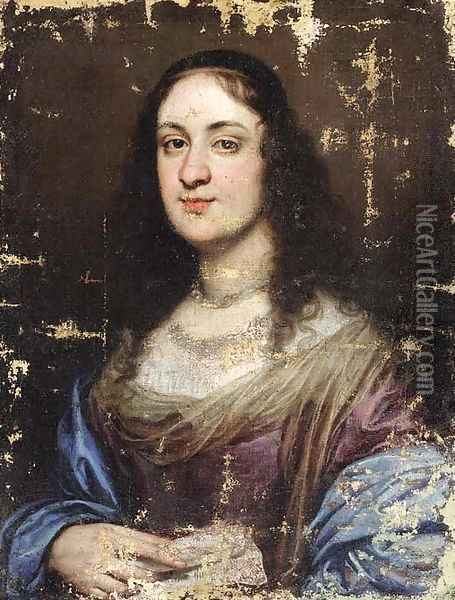 Portrait of a lady, half-length, in a violet and blue dress Oil Painting - Justus Sustermans