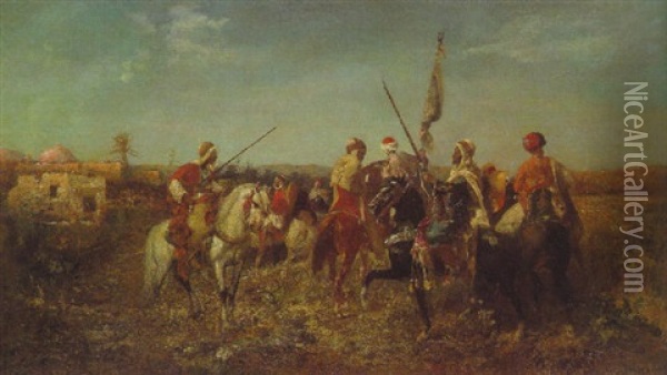 Ein Arabischer Reitertrupp Vor Der Oase Auf Erkundungsritt Oil Painting - Adolf Schreyer