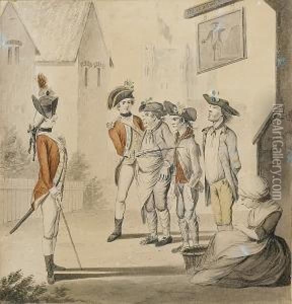 The Unfortunates Outside The Old Fortune Tavern Being Press Ganged By Two Young Officers Oil Painting - Henry William Bunbury