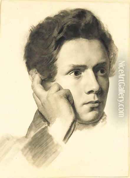 A young man leaning his hand on his forehead Oil Painting - German School