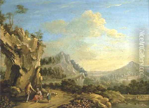 An extensive mountain landscape with travellers resting on a path Oil Painting - German School