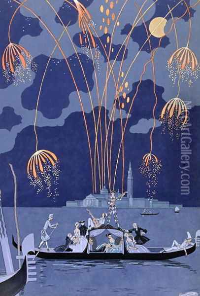 Fireworks in Venice, illustration for 'Fetes Galantes' Oil Painting - Georges Barbier