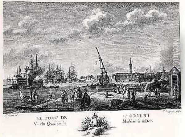 Port of L Orient, view of the Quay with the Machine for Masting, engraved by Yves Marie Le Gouaz 1742-1816 Oil Painting - Ozanne, Nicolas Marie