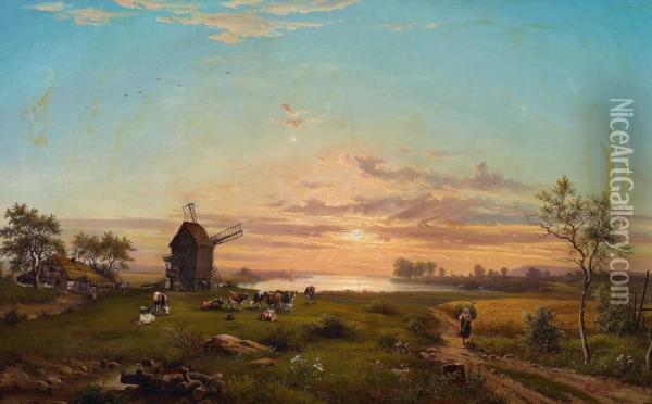 Abendliche Flusslandschaft Mit Muhle Oil Painting - Johann Anton Castell