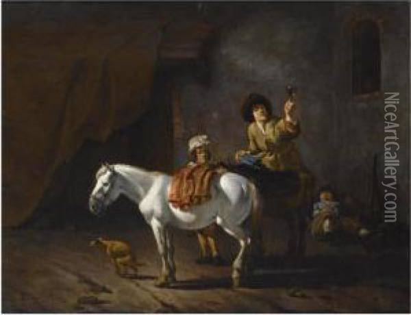 Two Horsemen With Their Horses 
And A Dog Near A Stable, Another Horseman Sleeping In The Background Oil Painting - Karel Dujardin
