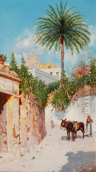 Idyllic Street In Naples Oil Painting - Giuseppe Giardiello