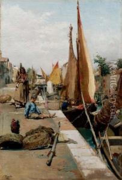 Molo Con Figure E Barche - 1884 Oil Painting - Antonio Rinaldo