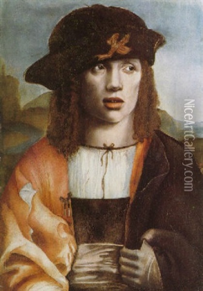 Portrait Of A Young Man Wearing A Red And Black Cloak, A White Chemise, A Mauve Sash And A Black Cap With Red Ribbon Oil Painting - Bartolomeo Veneto