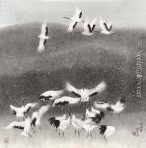Snow Cranes Oil Painting - Xiao Sun
