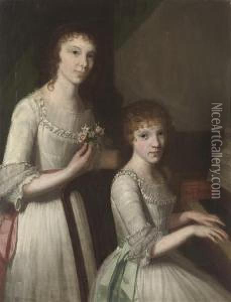 Double Portrait Of Sisters, Three-quarter-length, In White Dresseswith Pink And Blue Sashes, The Former Standing With A Posy Of Rosesand Orange Blossom In Her Right Hand, The Latter Seated At Apianoforte Oil Painting - Jean-Baptiste Rigaud