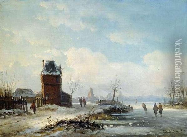 Wintry Canal Landcape Near By A Dutch Town Oil Painting - Eduard Hildebrandt