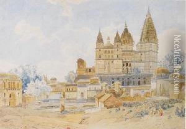 The Chaturbhuj Temple At Orchha; Washing At The Betwa River, Orchha, Madhya Pradesh, India, A Pair Oil Painting - Julius Schaumburg