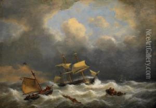 Stormigt Hav Med Segelbatar Oil Painting - George Willem Opdenhoff