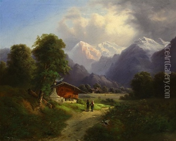 Mountain Vista With Figures Oil Painting - Hermann Herzog