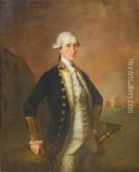 Portrait Of Captain Sir George 
Montagu, Standing, Three-quarter-length, With Shipping Beyond Oil Painting - Lemuel Francis Abbott