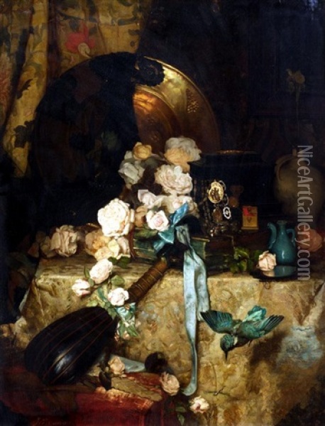 Still Life Of Roses And Mandolin Oil Painting - Julien Renevier