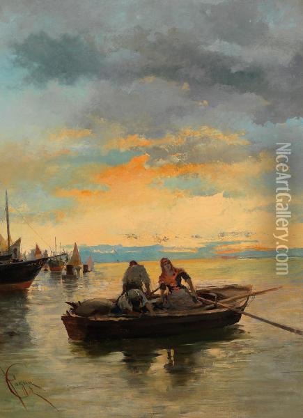 Porto Al Tramonto Con Barche Pescherecce In Primo Piano Oil Painting - Giuseppe Pogna