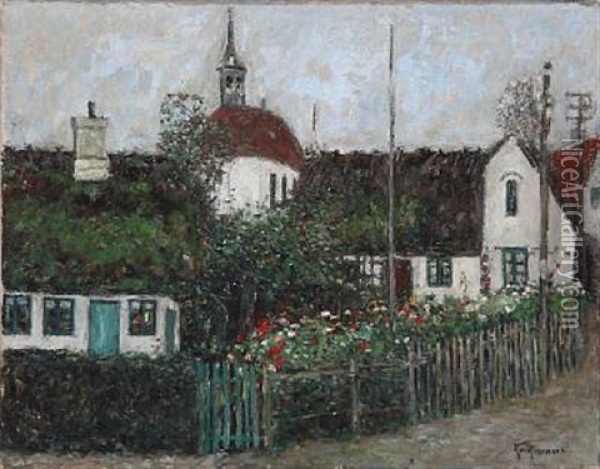 Village Street With Flowers In A Garden Oil Painting - Knut Hansen