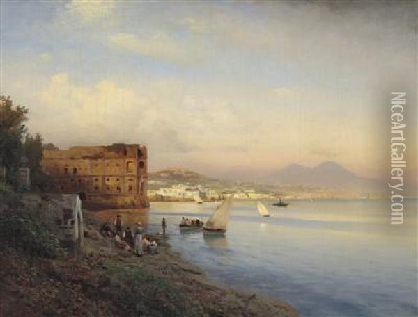 View Of The Bay Of Naples With The Palace Of Queen Johanna Oil Painting - Albert Flamm