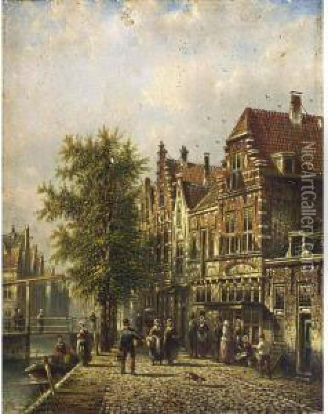 Villagers In The Streets Of A Dutch Town Oil Painting - Johannes Franciscus Spohler