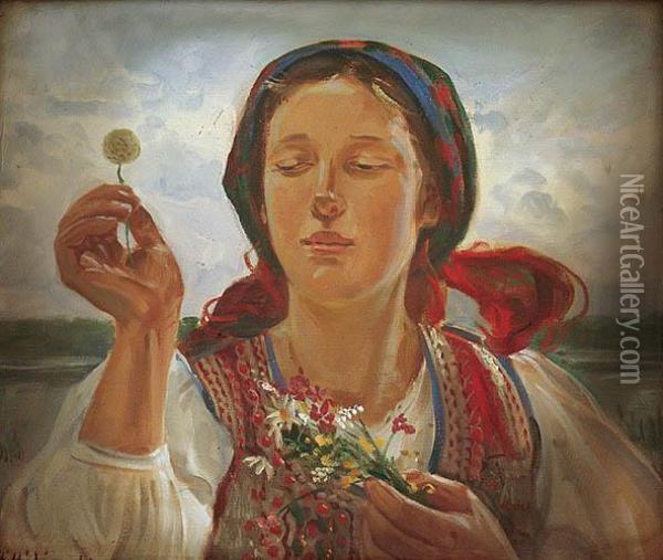 Wiejska Dziewczyna Z Polnymi Kwiatami Oil Painting - Wincenty Wodzinowski