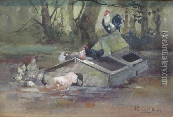 Chickens Feeding Oil Painting - Robert Lillie