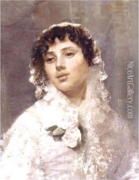 Portrait Of A Woman In Lace Oil Painting - Konstantin Egorovich Egorovich Makovsky