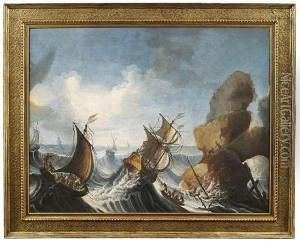 Sailingships In Rough Sea At A Rocky Coast Oil Painting - Bartolomeo Pedon