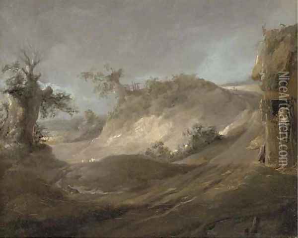 Landscape with a figure climbing up to a hay loft, and a pig Oil Painting - George Morland