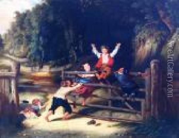 Children Playing On A Gate Oil Painting - William Collins