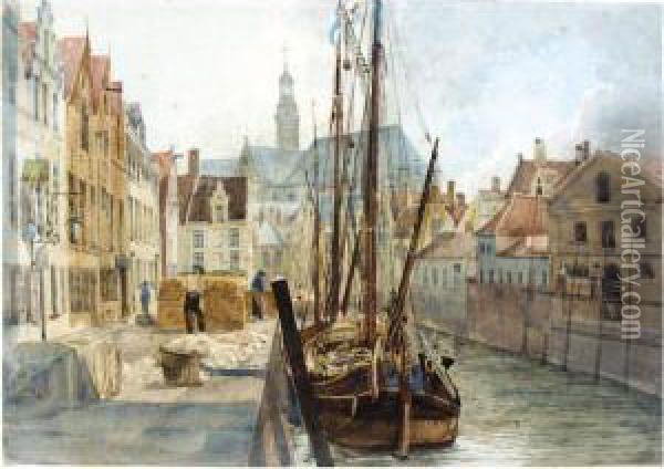 A Quay In Rotterdam Oil Painting - Alfred Gomersal Vickers