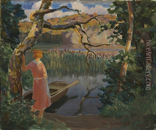 Woman On A Shore, Scene From Aland Oil Painting - Santeri Salokivi