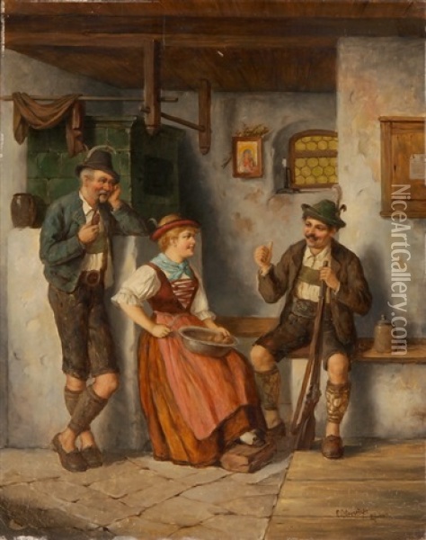 Zwei Jager Und Ein Madchen Beim Kartoffelschalen Oil Painting - Carl Ostersetzer