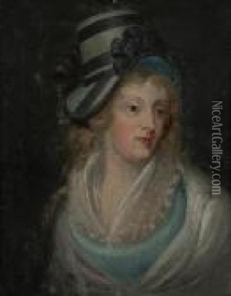 A Portrait Of A Woman With A Blue Hat Oil Painting - John Hoppner