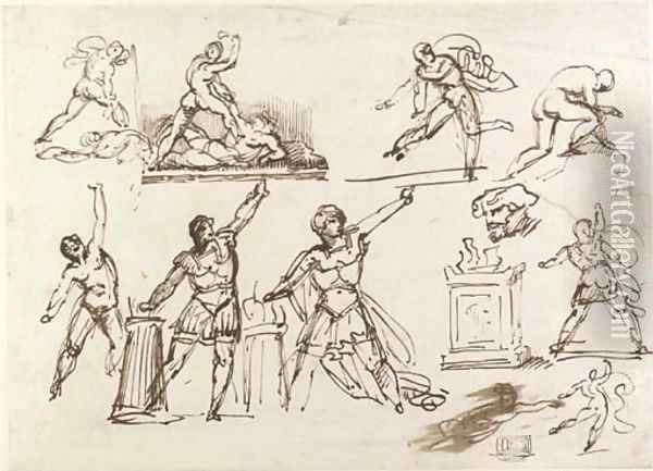 A sheet of studies for Mucius Scaevola and for Samson Oil Painting - French School