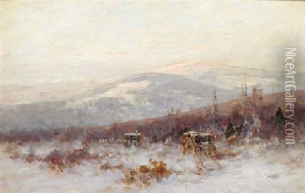 Log-piles In A Sunlit Winter Landscape Oil Painting - Nelson Gray Kinsley
