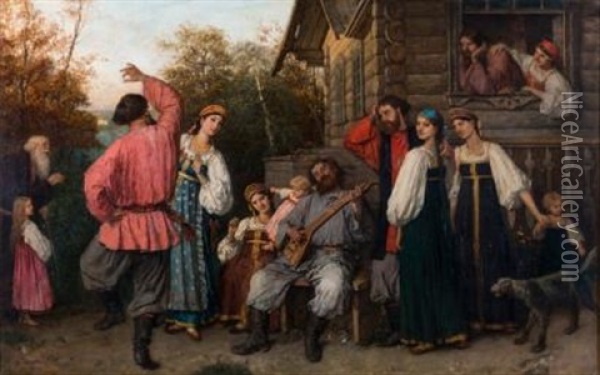 Scene De Liesse A Cote De L'isba, Campagne Russe Oil Painting - Isidore Patrois