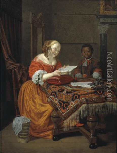 An Interior With A Young Girl, 
Seated At A Table Covered With An Indian Carpet And Reading A Letter, 
Attended By A Negro Page Oil Painting - Michiel van Musscher