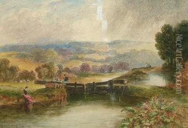 Fishing On A River Oil Painting - George Jnr Barrett