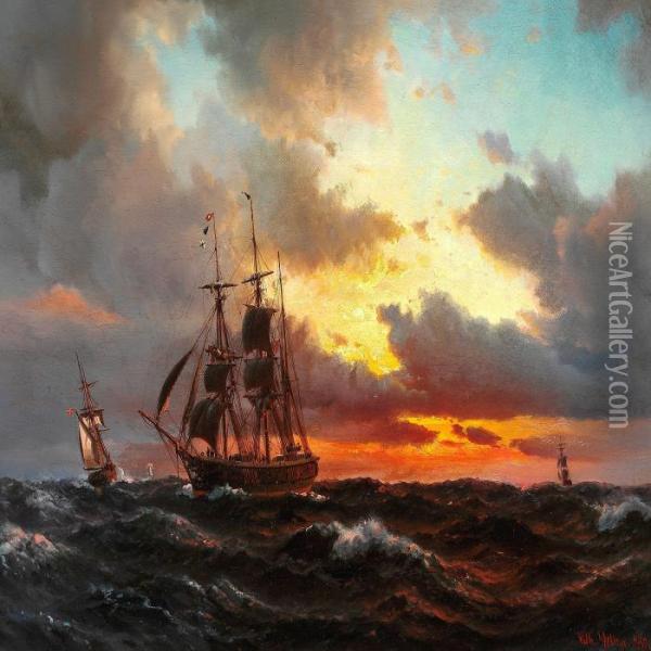 Seascape With Sailing Boats In The Sunset Oil Painting - Vilhelm Melbye