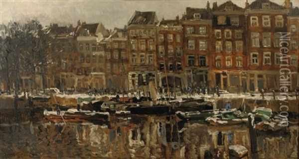 Zuidblaak Te Rotterdam (a View Of The Zuidblaak In Winter, Rotterdam) Oil Painting - Johan Hendrik van Mastenbroek