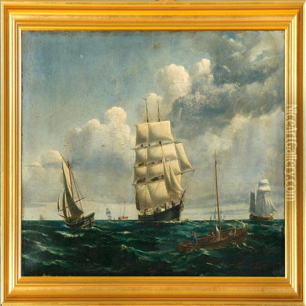 Marine With Severalsailing Ships On The Great Sound Oil Painting - Peder Nielsen Foss