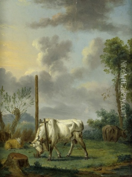 Italianisante Landschaft Mit Ruhendem Vieh; Landschaft Mit Vieh Auf Der Weide (2 Works) Oil Painting - Jan van Gool