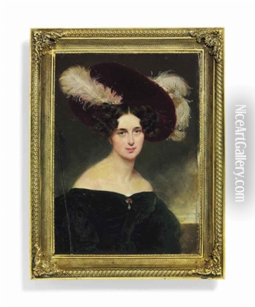 A Lady, Possibly A Countess Of Solms, In Emerald Green Off-the-shoulders Dress, Large Red Hat Decorated With White Ostrich Plumes, Dark Curling Hair Oil Painting - Moritz Michael Daffinger