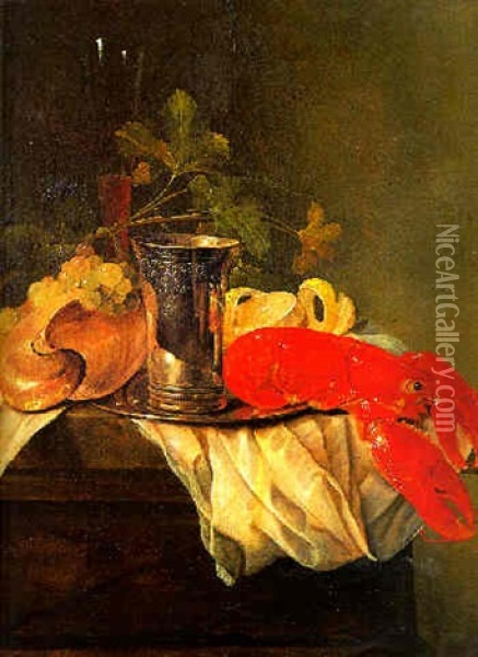Grapes, A  Nautillus Shell, A Flute, A Silver Beaker On A Plate, A Peeled Lemo And A Lobster On A Draped Table Oil Painting - Jasper Geerards